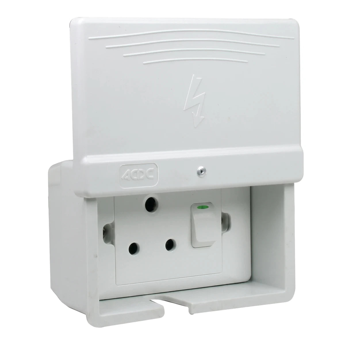 Light grey Titan single weatherproof electrical socket with an open lid, revealing a three-pin plug receptacle and an