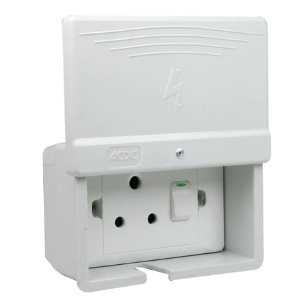 Light grey Titan single weatherproof electrical socket with an open lid, revealing a three-pin plug receptacle and an