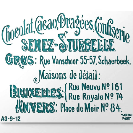 Tjhoko A3-9-12 chocolate paint stencil with French confectionery advertisement text in teal.