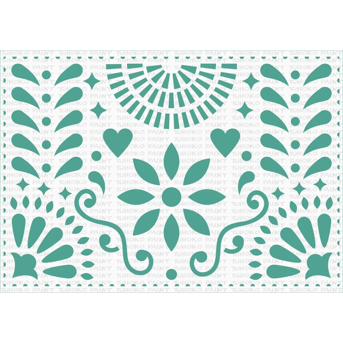 Tjhoko A4 Trans 01 Paint Stencils with an intricate rectangular teal green folk art pattern featuring hearts, stars, and