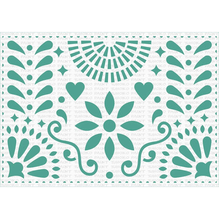 Tjhoko A4 Trans 01 Paint Stencils with an intricate rectangular teal green folk art pattern featuring hearts, stars, and