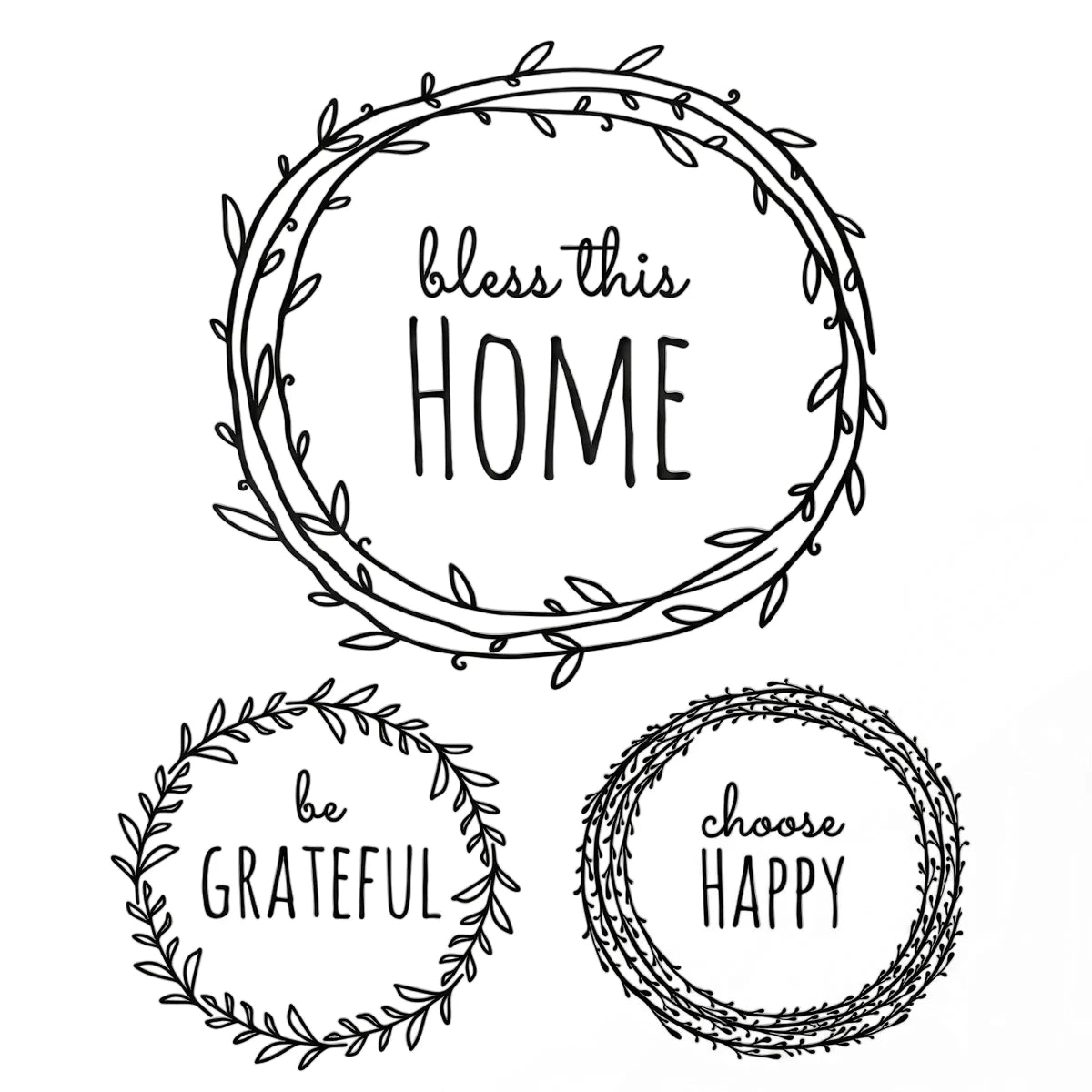 Tjhoko A4 Trans 04 Paint Stencils featuring three black and white circular wreath designs with inspirational text for home
