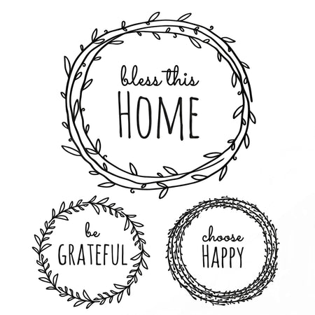 Tjhoko A4 Trans 04 Paint Stencils featuring three black and white circular wreath designs with inspirational text for home