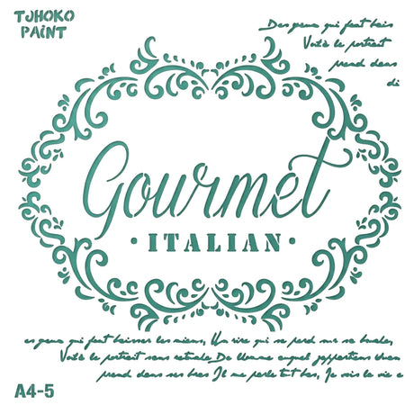 Tjhoko A4 Trans 05 Paint Stencil featuring an ornate heart-shaped floral border with 'Gourmet Italian' text.