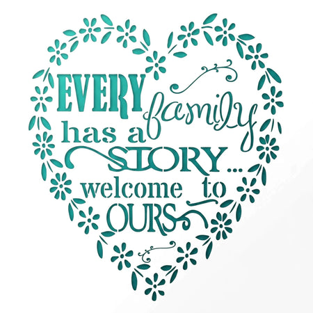Tjhoko A4 Trans 24 Paint Stencil with a teal floral heart design and family quote for crafting.