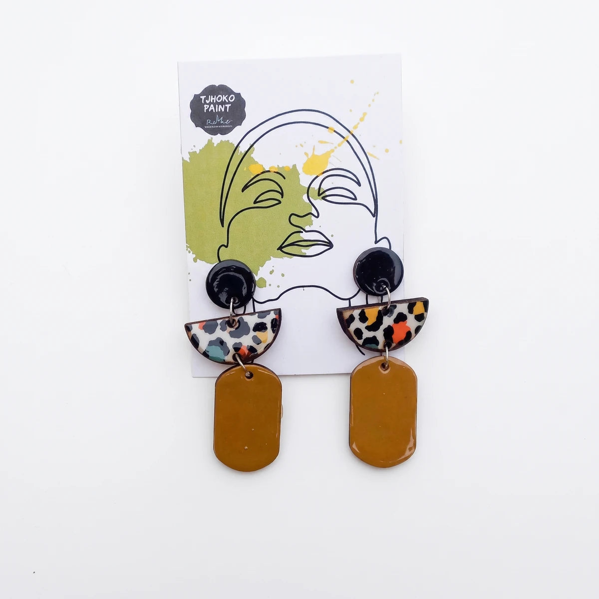Tjhoko Earrings Range Shorty's Leopard Earrings with black studs, leopard print half-moons, and mustard yellow rectangular
