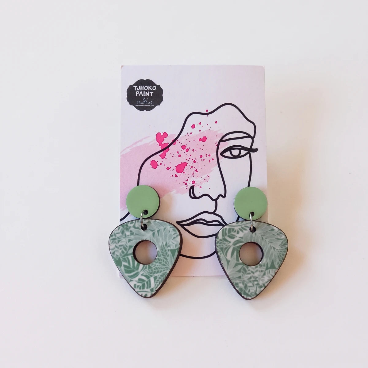 Tjhoko Earrings Range Goodness Leaves Earrings, featuring green and white leaf pattern teardrop shapes with circular green