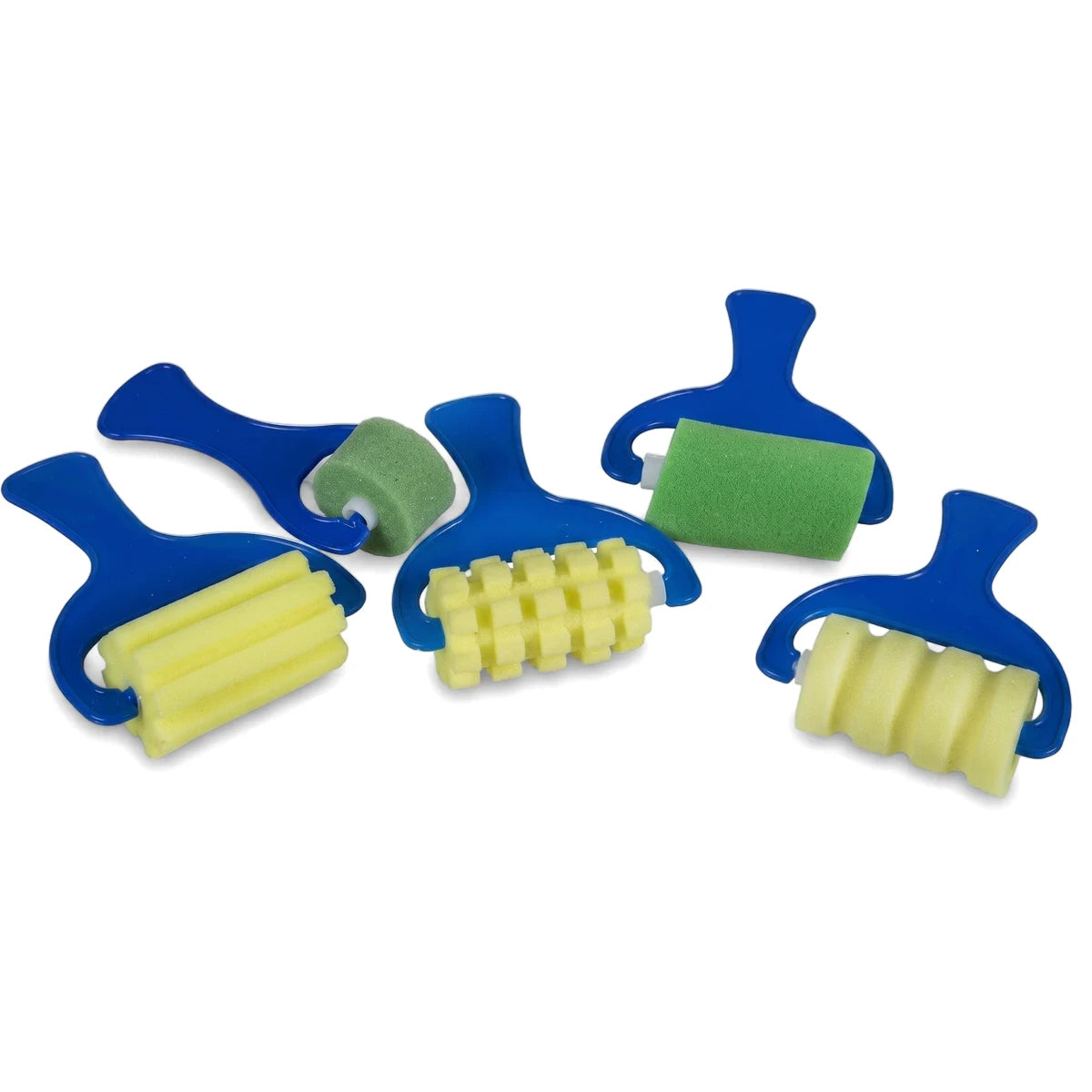 Tjhoko Jnr Creative Sponge Roller Set of 5. Junior sponge rollers with blue handles, yellow and green sponges in various