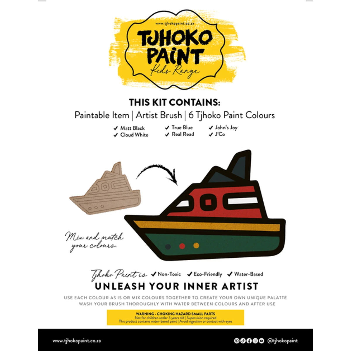 Tjhoko Jnr Flat Cut-Out Boat paint kit for kids, featuring an unpainted and painted boat with six vibrant paint colors and a