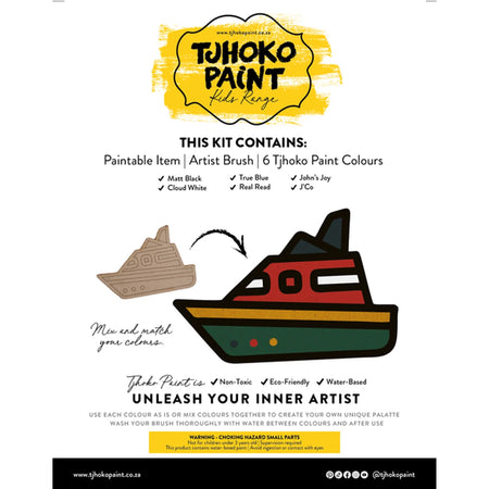 Tjhoko Jnr Flat Cut-Out Boat paint kit for kids, featuring an unpainted and painted boat with six vibrant paint colors and a
