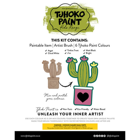 Tjhoko Jnr Flat Cut-Out Cactus paint kit with unpainted and painted cactus, featuring 6 paint colors and an artist brush.