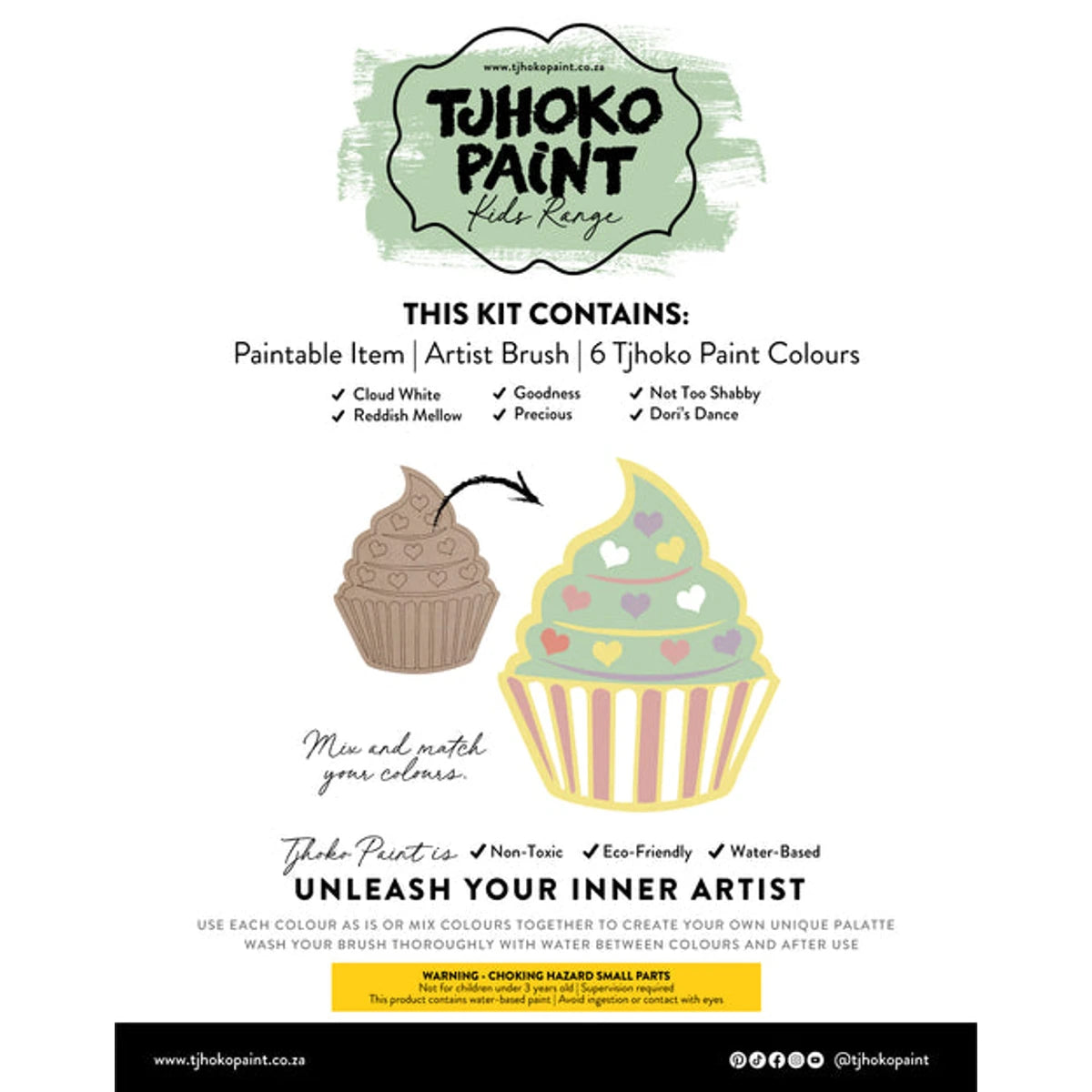 Tjhoko Jnr Flat Cut-Out Cupcake paint kit featuring paintable cupcake, brush, and six non-toxic water-based paints.