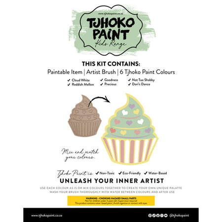 Tjhoko Jnr Flat Cut-Out Cupcake paint kit featuring paintable cupcake, brush, and six non-toxic water-based paints.