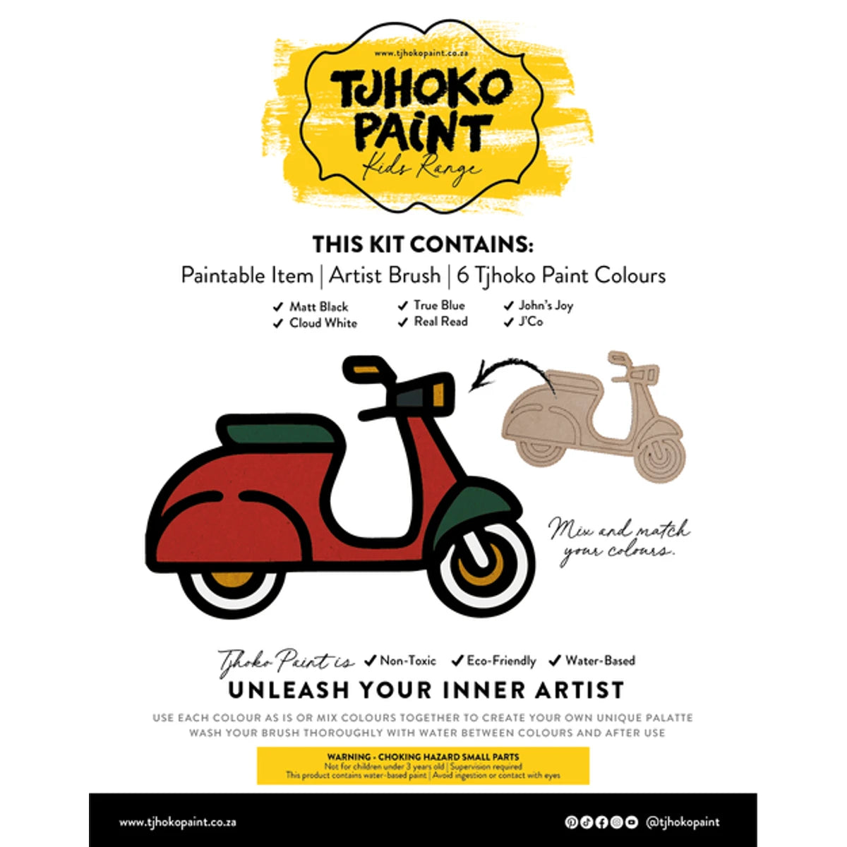 Tjhoko Jnr Flat Cut-Out Scooter paint kit with six colors, an artist brush, and two scooter illustrations.