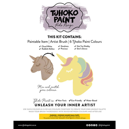 Tjhoko Jnr Flat Cut-Out Unicorn paint kit packaging with unpainted and painted yellow unicorn samples and listed paint