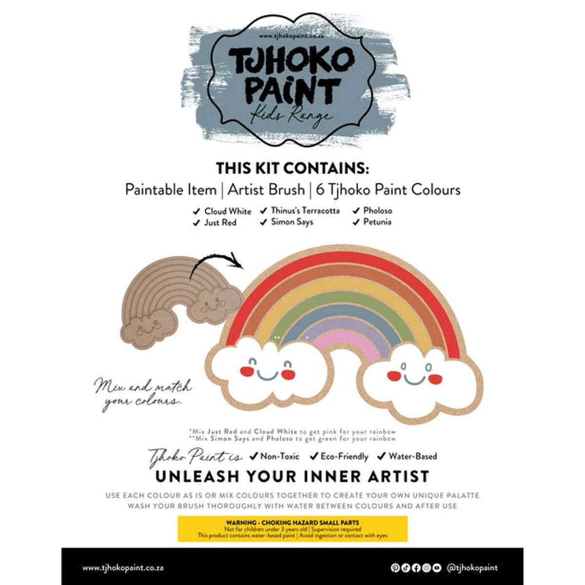 Tjhoko Jnr Flat Cut-Out Rainbow paint kit instruction sheet showing two rainbow cutouts, paint color details, and safety