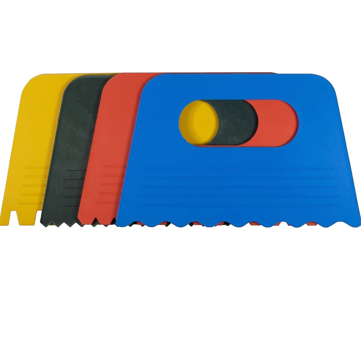 Tjhoko Jnr Junior Paint Scraper Set featuring four colorful scrapers in blue, red, dark gray, and yellow with various edge