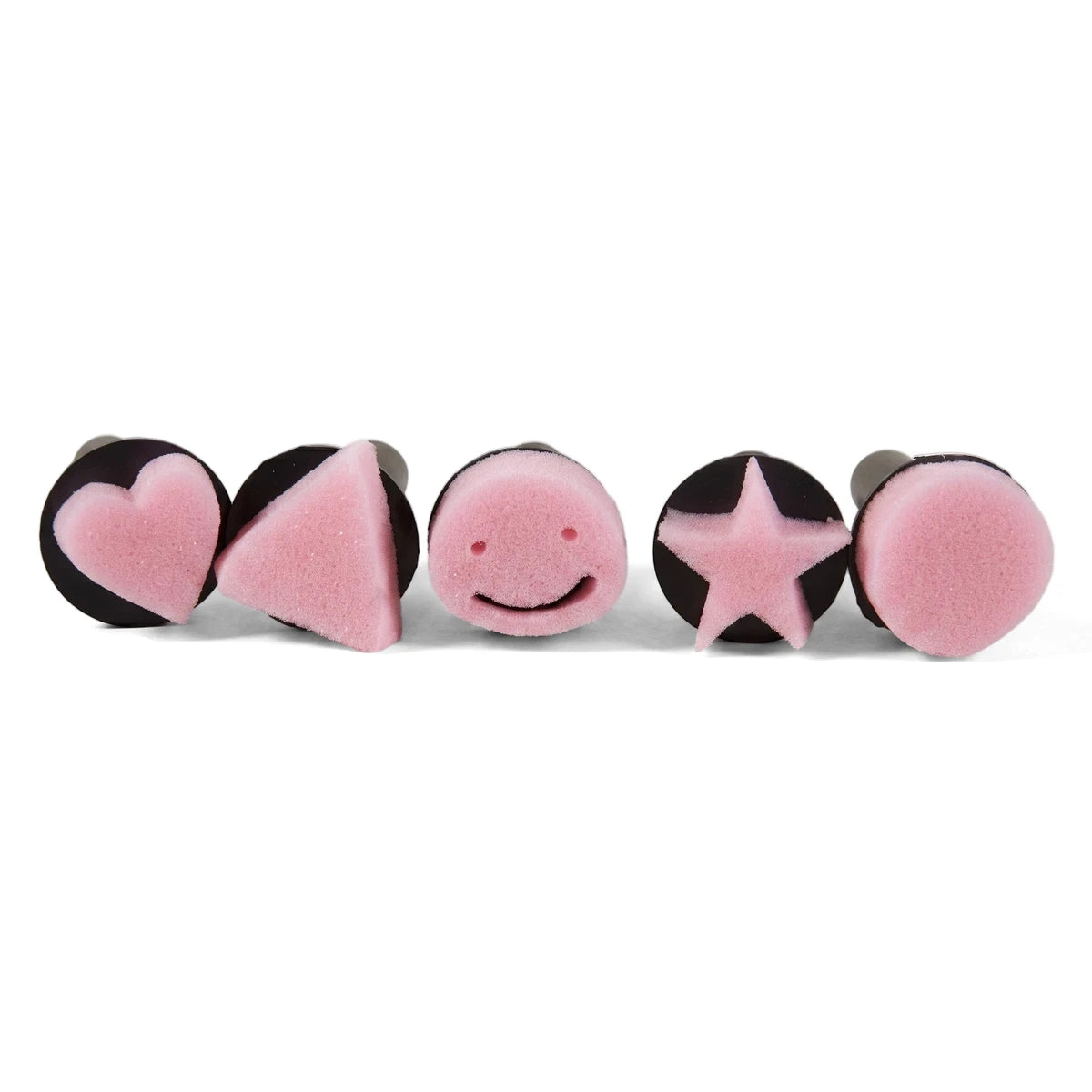 Pink Tjhoko Jnr sponge stamp set of 5 for junior crafts, featuring heart, triangle, smiley face, star, and circle shapes.