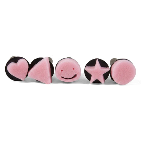 Pink Tjhoko Jnr sponge stamp set of 5 for junior crafts, featuring heart, triangle, smiley face, star, and circle shapes.