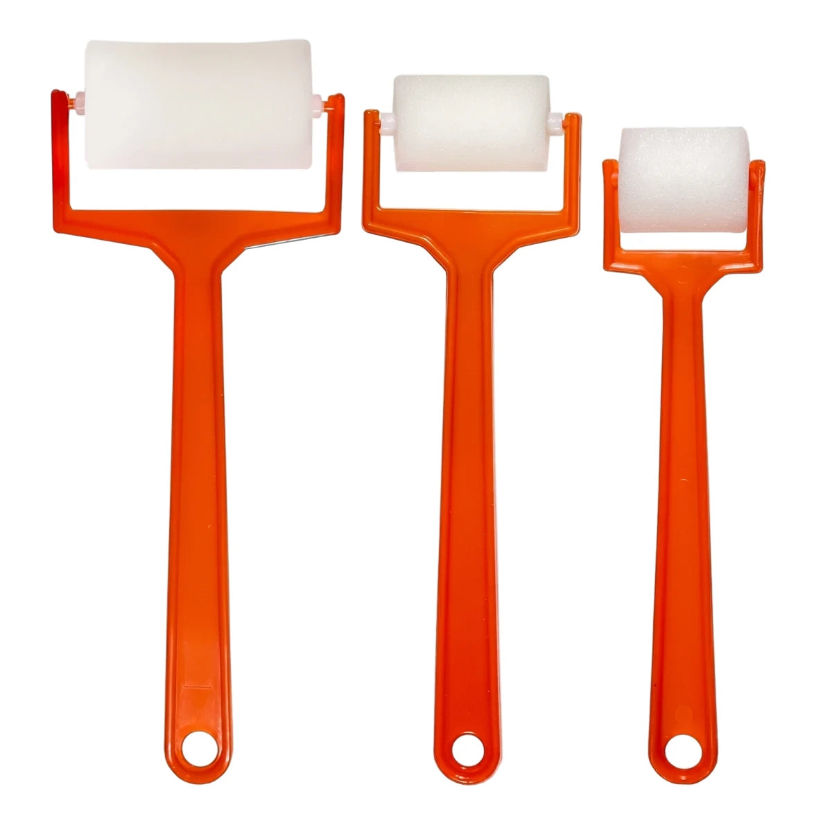 Set of three Tjhoko Junior sponge rollers with orange plastic handles and white foam rollers, arranged vertically.