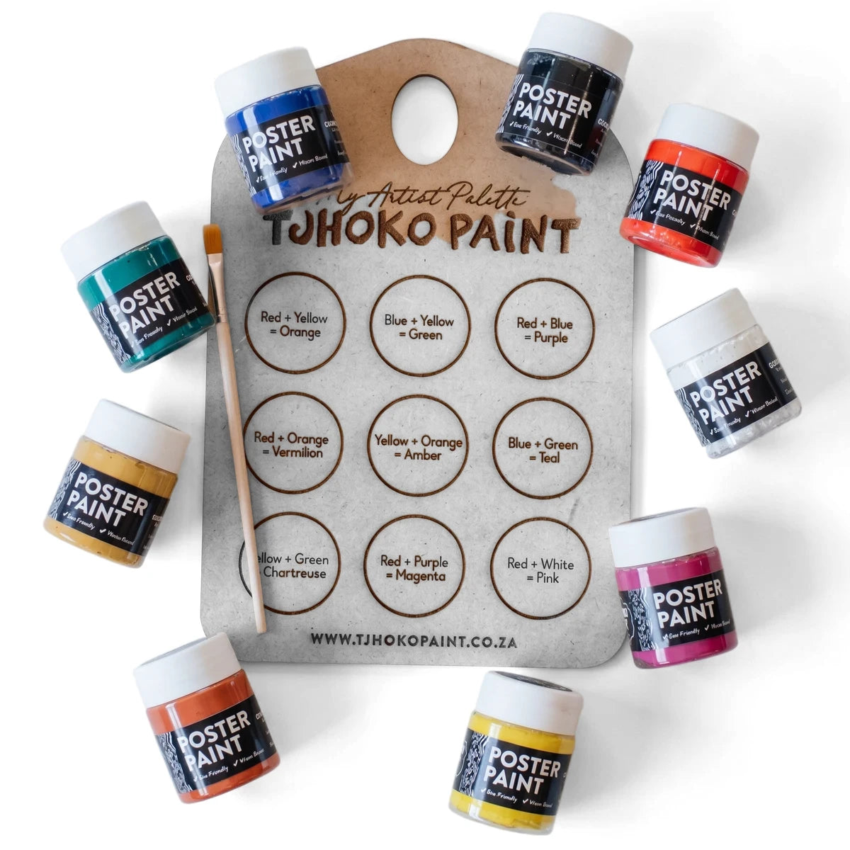 Tjhoko Kids Poster Paint Set of 9 includes various colorful paints, a wooden mixing palette, and a brush for creative art.