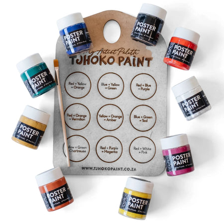 Tjhoko Kids Poster Paint Set of 9 includes various colorful paints, a wooden mixing palette, and a brush for creative art.