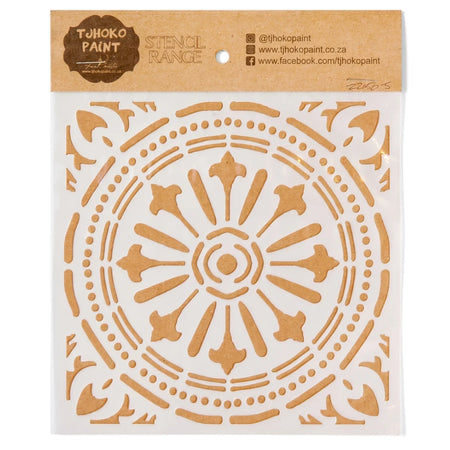 Tjhoko Paint 2022-150-5 mandala design paint stencil with a brown cardboard header on white.