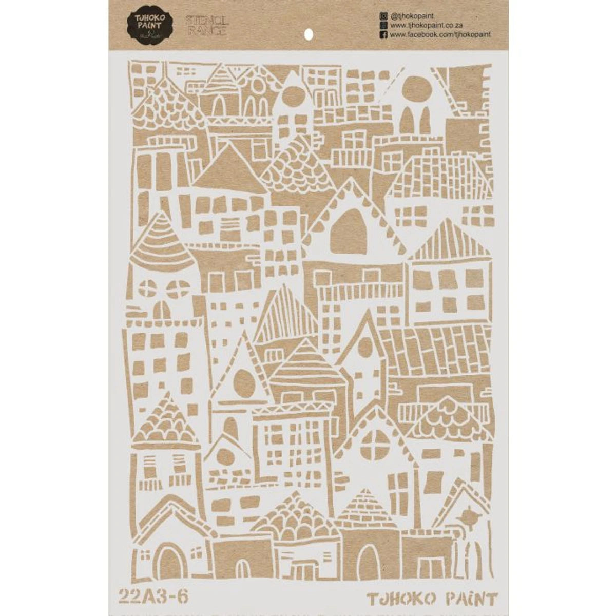 Tjhoko Paint 22A3-6 stencil featuring a detailed village house and building pattern on kraft paper backing.