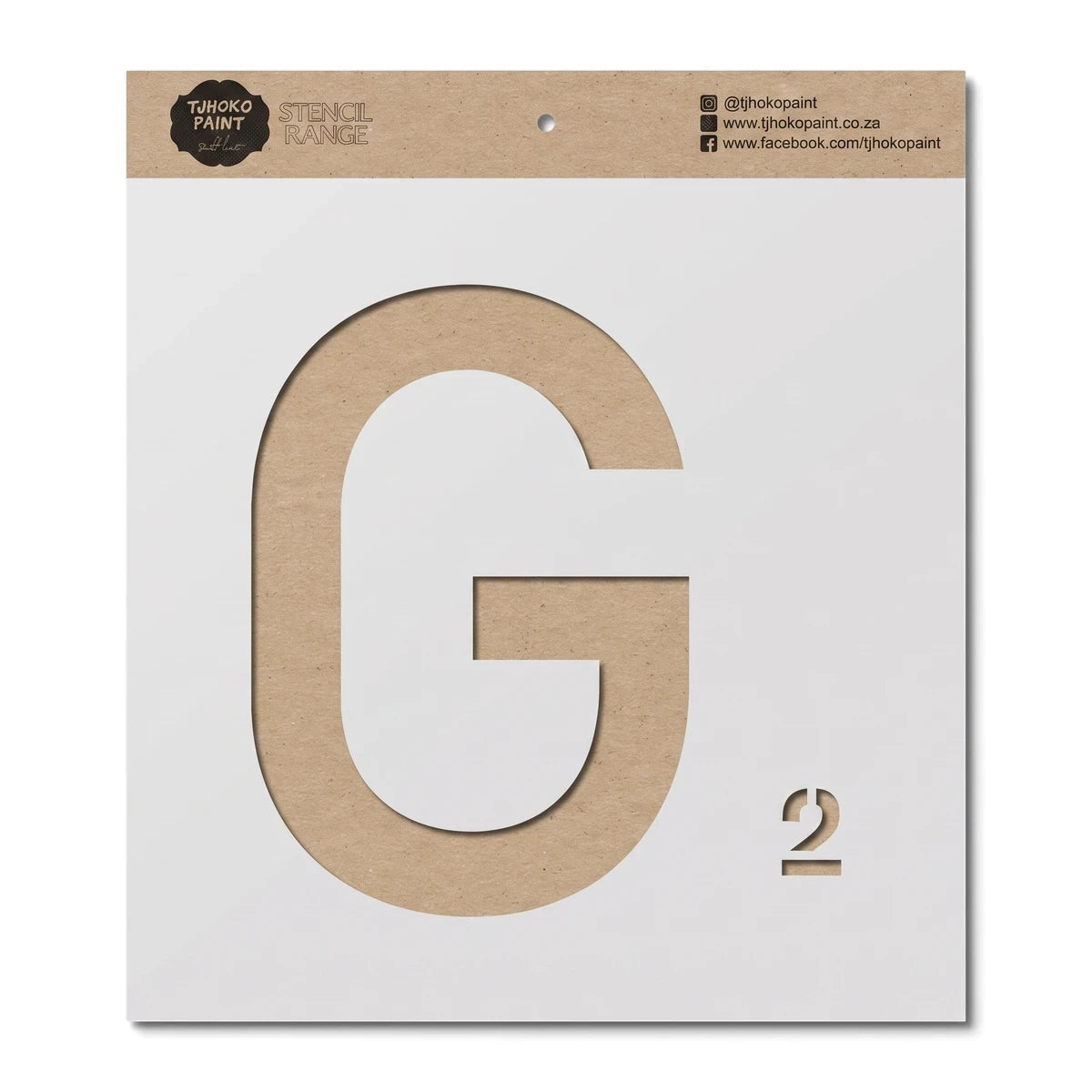 Brown cardboard Tjhoko Paint stencil featuring a large letter G cutout and a smaller number 2, with branding along the top