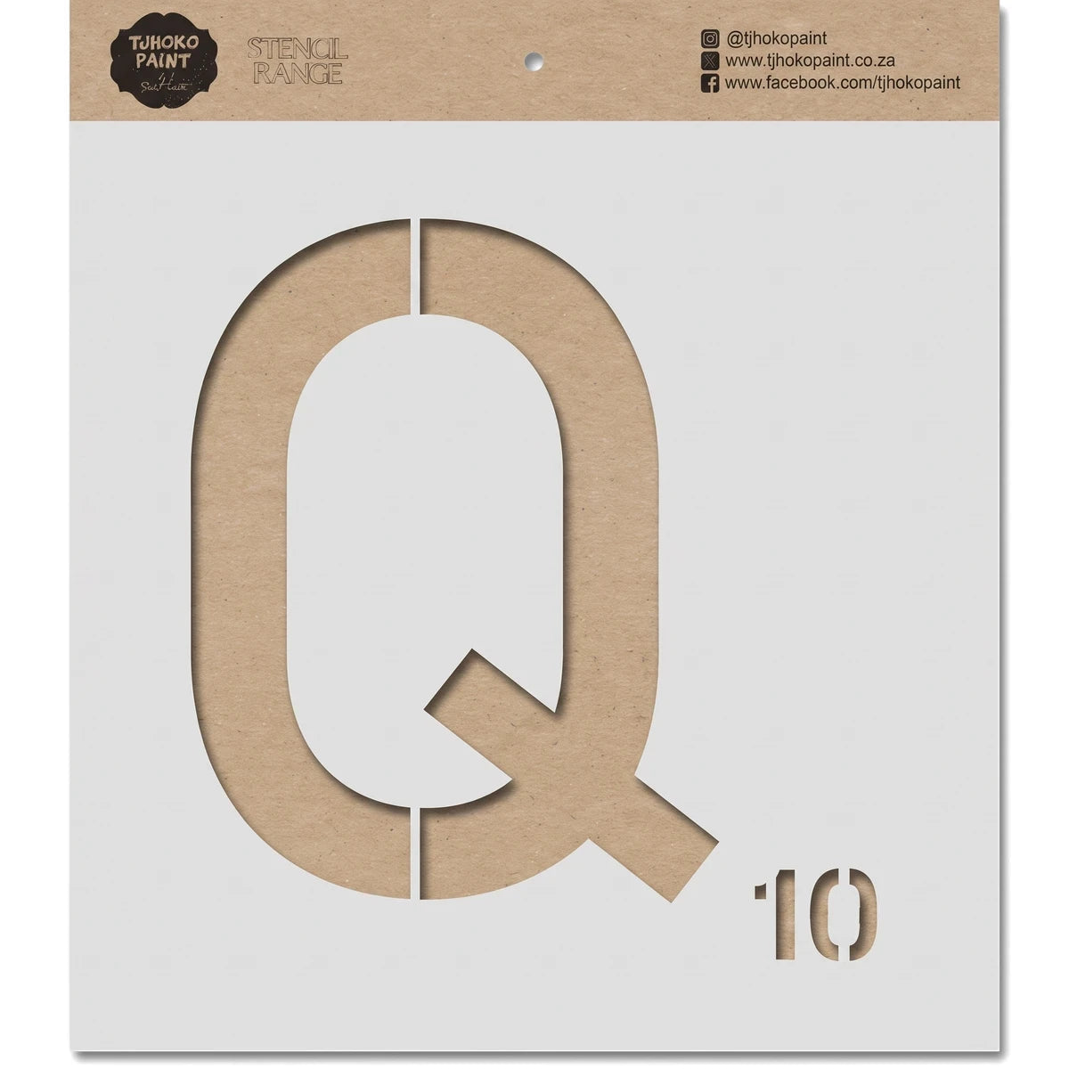 Craft paper stencil featuring a large letter Q and small number 10, with 'Tjhoko Paint' branding and social media details at
