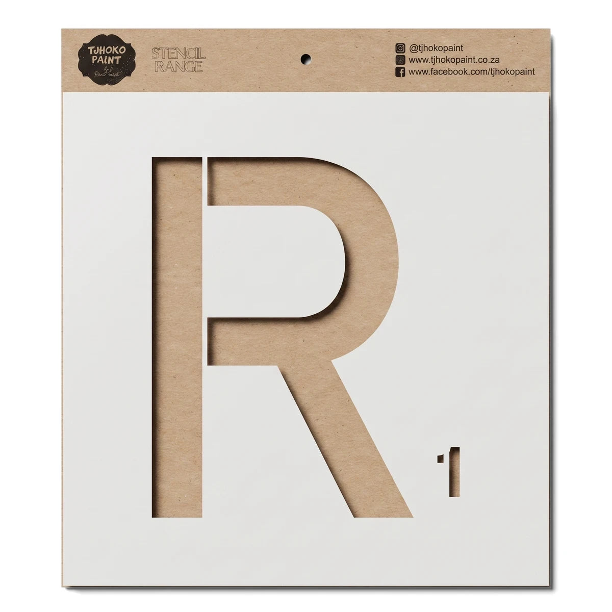 Tjhoko Paint Alphabet R stencil on kraft paper for paint projects, featuring the letter R cutout and branding.