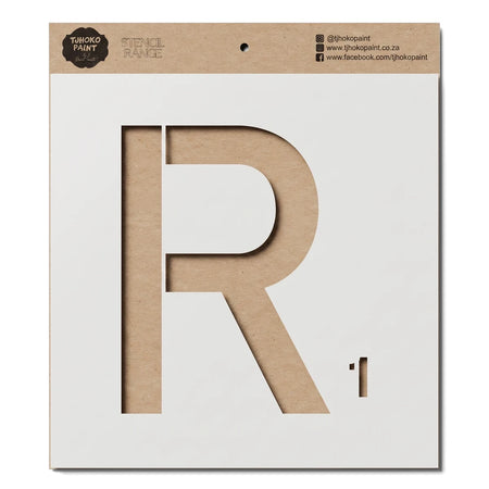 Tjhoko Paint Alphabet R stencil on kraft paper for paint projects, featuring the letter R cutout and branding.