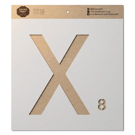 Brown kraft paper stencil for painting, featuring the letter X and number 8, from the Tjhoko Paint Stencil Range.