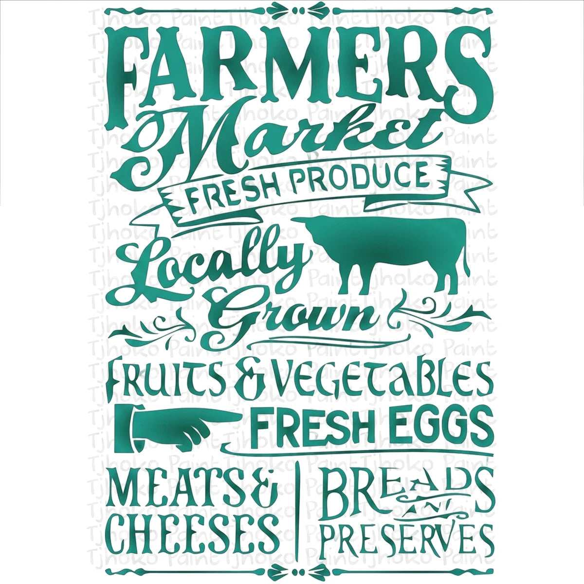 Green Farmers Market stencil by Tjhoko Paint featuring 'Locally Grown' text, fruits, vegetables, and a cow silhouette.