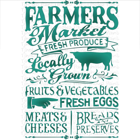 Green Farmers Market stencil by Tjhoko Paint featuring 'Locally Grown' text, fruits, vegetables, and a cow silhouette.