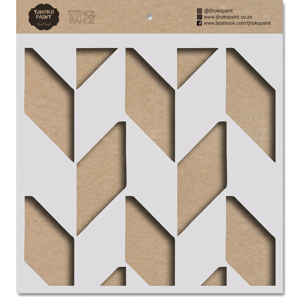 Brown kraft paper Tjhoko Paint Geometrical Angle stencil with a repeating cut-out angular pattern for crafting and decor.