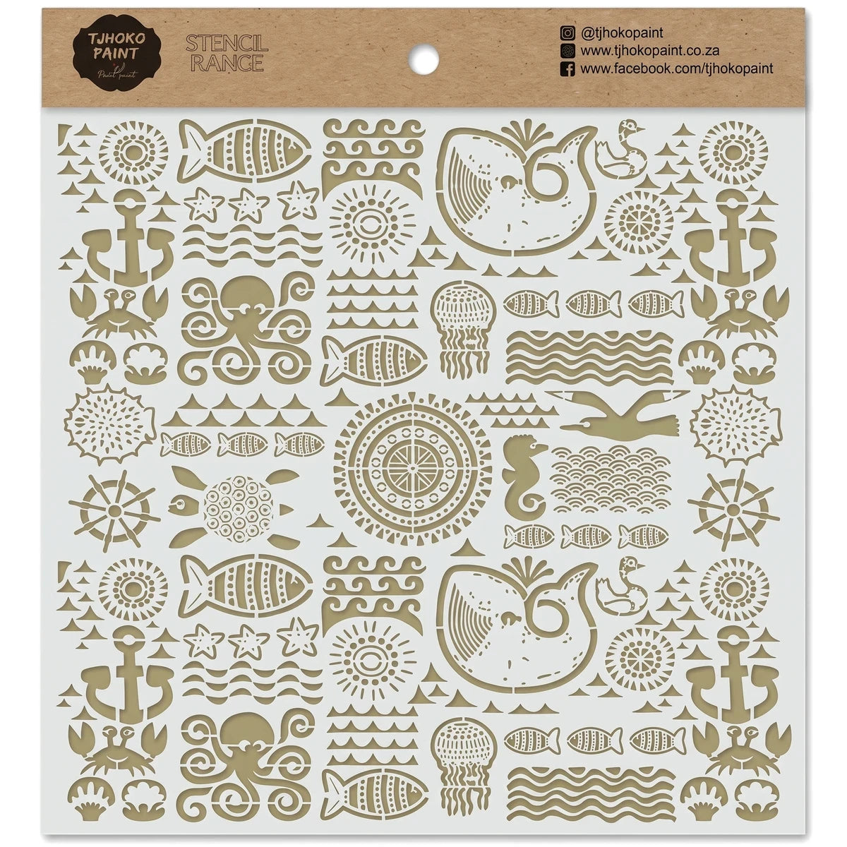 Tan Tjhoko Paint Maritime Mosaic stencil with intricate marine-themed cutouts including fish, anchors, octopuses, and whales.