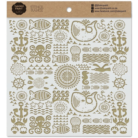 Tan Tjhoko Paint Maritime Mosaic stencil with intricate marine-themed cutouts including fish, anchors, octopuses, and whales.