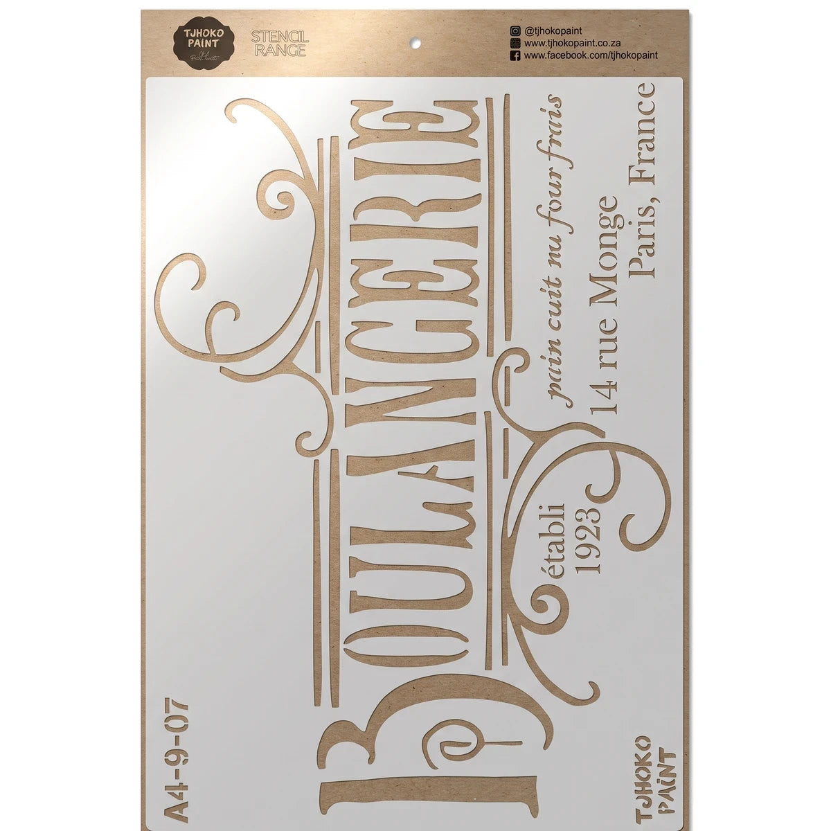 Tjhoko Paint stencil A4-9-07 featuring 'Boulangerie' text with decorative French bakery style flourishes for crafting.