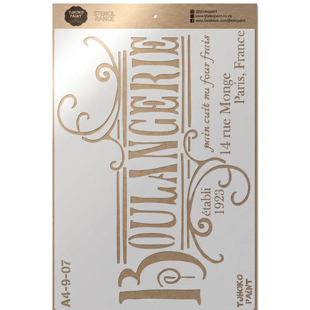 Tjhoko Paint stencil A4-9-07 featuring 'Boulangerie' text with decorative French bakery style flourishes for crafting.