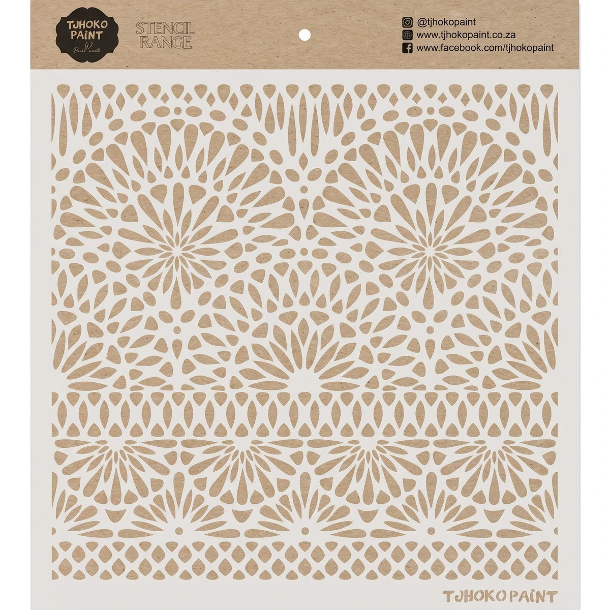A light brown square paint stencil featuring a detailed 'Sunflower Rays' pattern, with branding at the top.