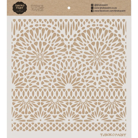 A light brown square paint stencil featuring a detailed 'Sunflower Rays' pattern, with branding at the top.
