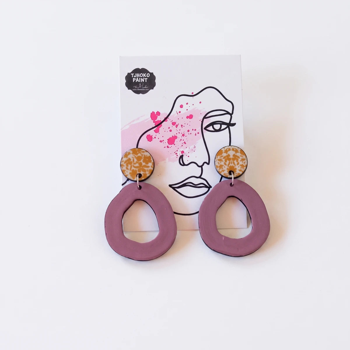 Tjhoko Rose's Yellow Flowers Earrings featuring yellow floral circular studs and dusty rose irregular oval dangles,