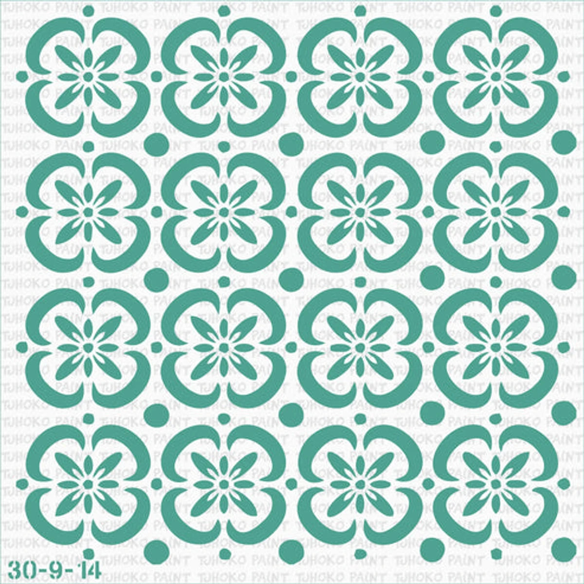 Tjhoko Stenc 30*30-9-14 Caleidoscope2 paint stencil featuring a repeating teal green floral and dot pattern on a white