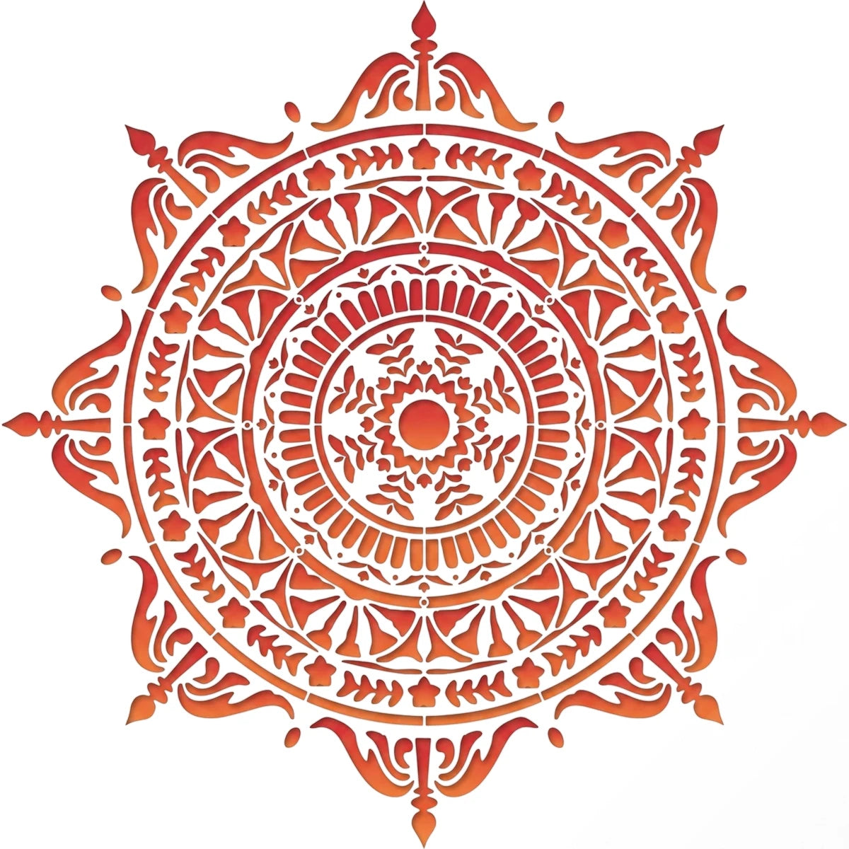 Tjhoko Stenc 30*30-4 Patten 4 Paint Stencil featuring an intricate circular mandala design in orange and red hues.