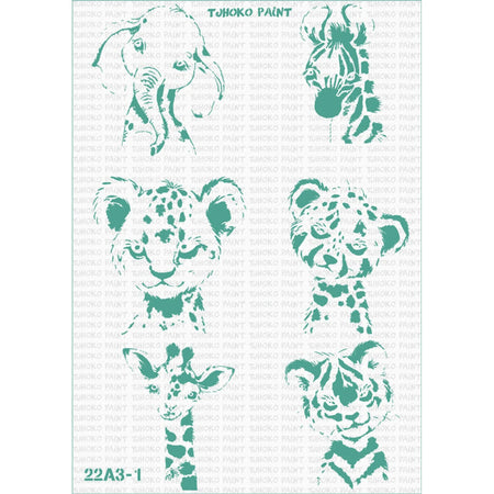 Tjhoko Stenc A3-1 Corner Paint Stencils featuring six teal animal heads: elephant, zebra, leopard, cheetah, giraffe, tiger.