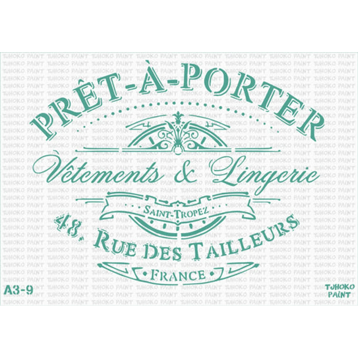 Tjhoko Stenc A3-9 Pret-A-Porter Paint Stencils in teal green with French-themed decorative script and lettering.