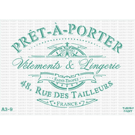 Tjhoko Stenc A3-9 Pret-A-Porter Paint Stencils in teal green with French-themed decorative script and lettering.