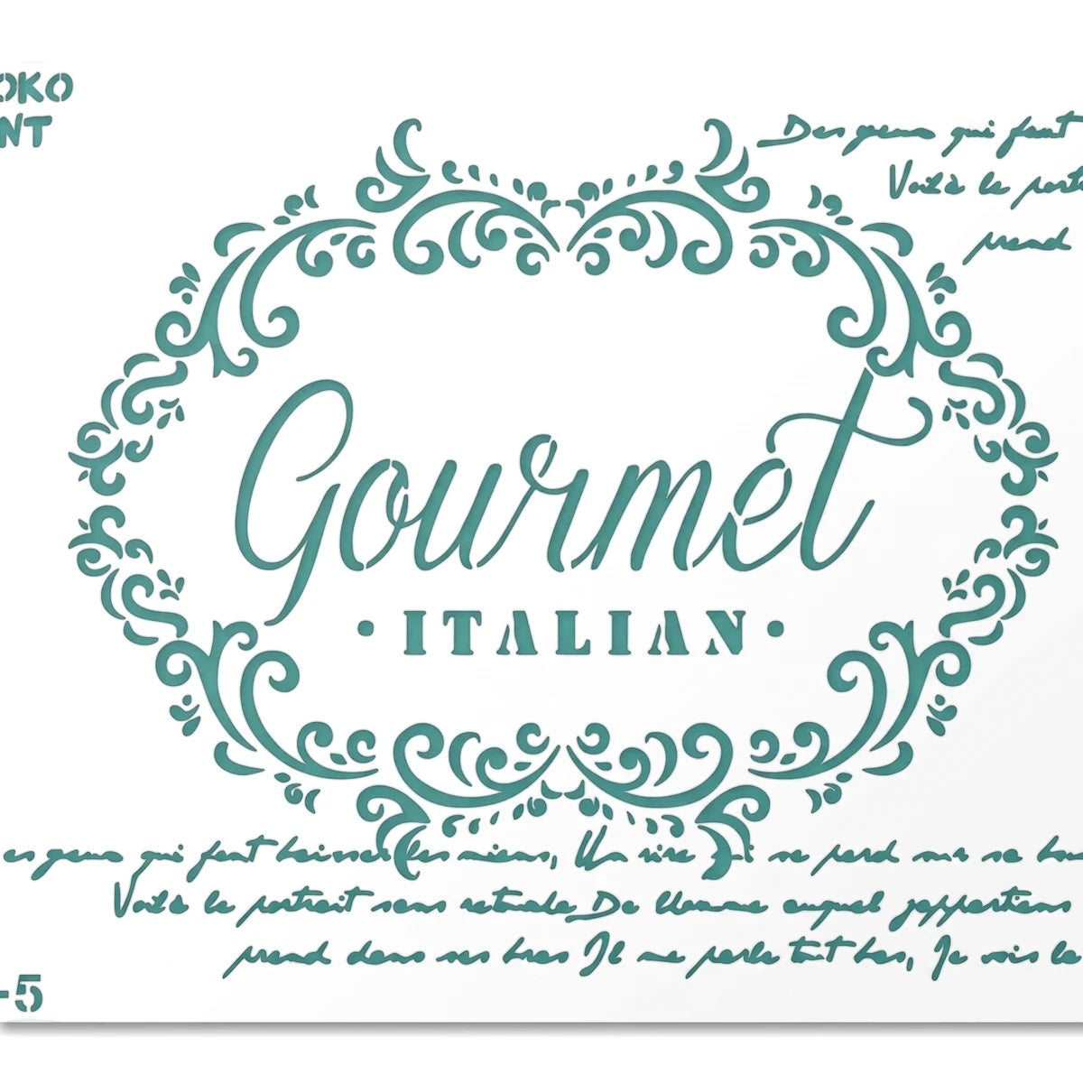 Tjhoko Stenc A4-5 Gourmet Paint Stencils featuring 'Gourmet Italian' text and teal decorative flourishes.