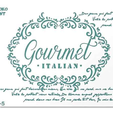 Tjhoko Stenc A4-5 Gourmet Paint Stencils featuring 'Gourmet Italian' text and teal decorative flourishes.